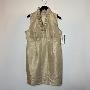 NWT - NINA DRAKE Metallic Jacquard Soft Gold Ruffle-neck dress. Size 16